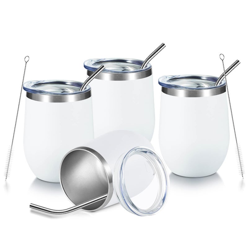COMOOO 12oz Stainless Steel Wine Tumbler with Lid and Straw, Insulated Wine Tumbler Cup, Stemless Wine Glass Tumbler for Hot and Cold Drinks,Champagne, Cocktails, White, 4 Pack - Image 1